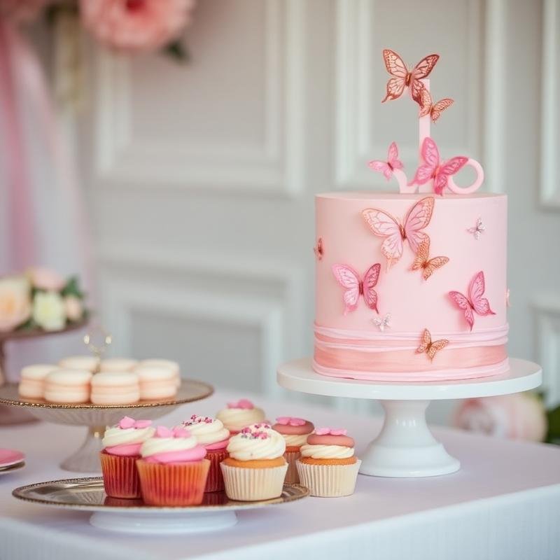 Anniversaire thème papillon avec gâteau rose et gourmandises